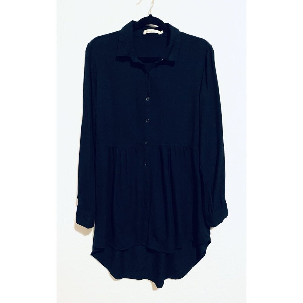 Solitaire Anthropologie Tunic Womens Medium Navy Blue Button Up Peplum Hem